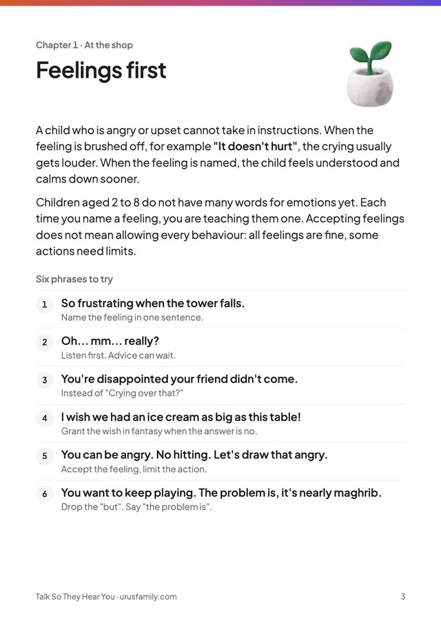 Page 3 of the ebook: Chapter 1, Feelings first, with six numbered phrases