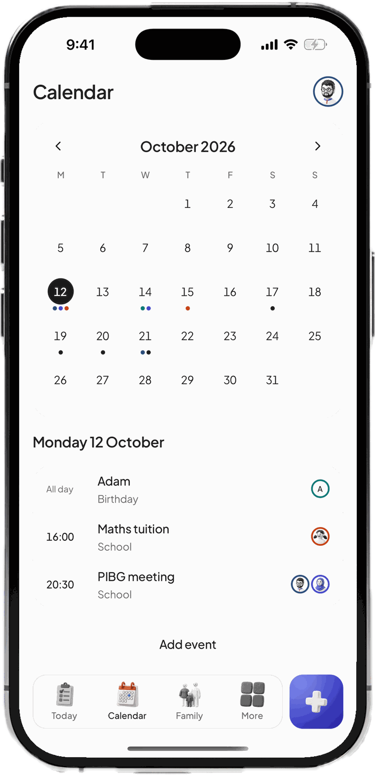 Calendar screen for October 2026 with each member's coloured dots and today's events: Adam's birthday, maths tuition and a PIBG meeting
