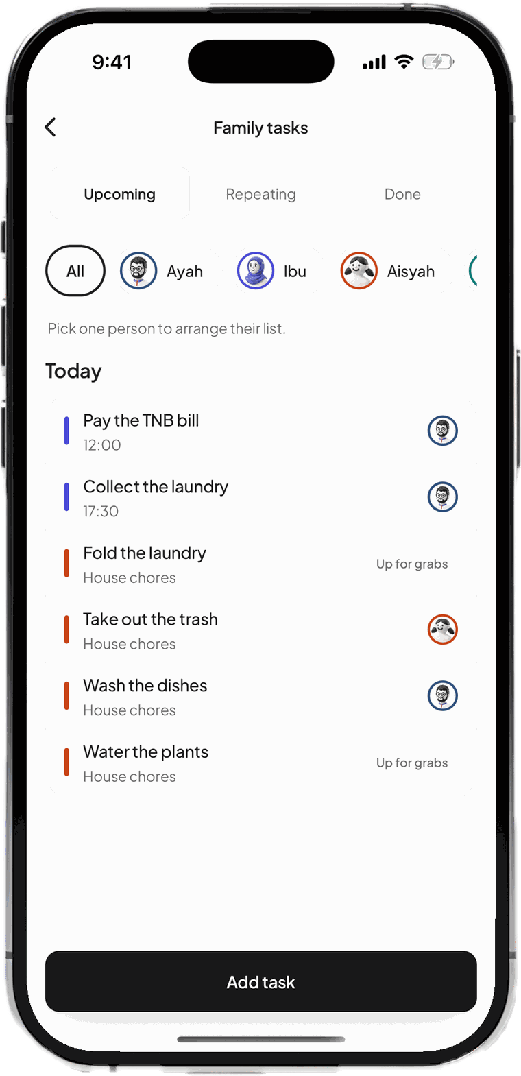 Family Tasks screen: today's chores and who is doing each one