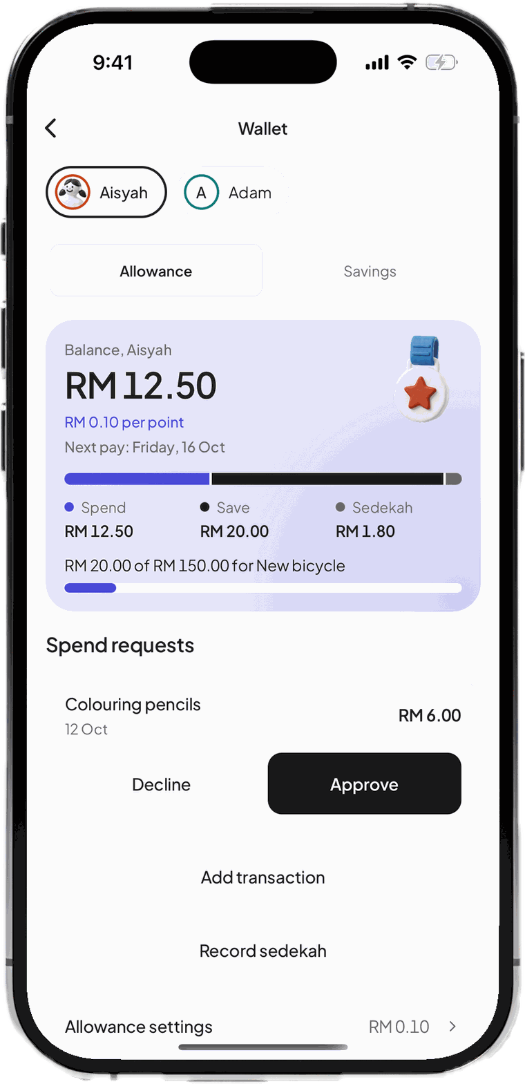 Skrin Dompet: baki elaun RM 12.50 dan permintaan belanja