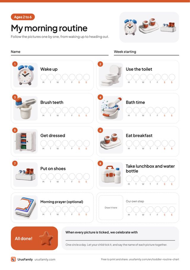 Three UrusFamily picture routine charts for ages 2 to 6: morning, bedtime and day