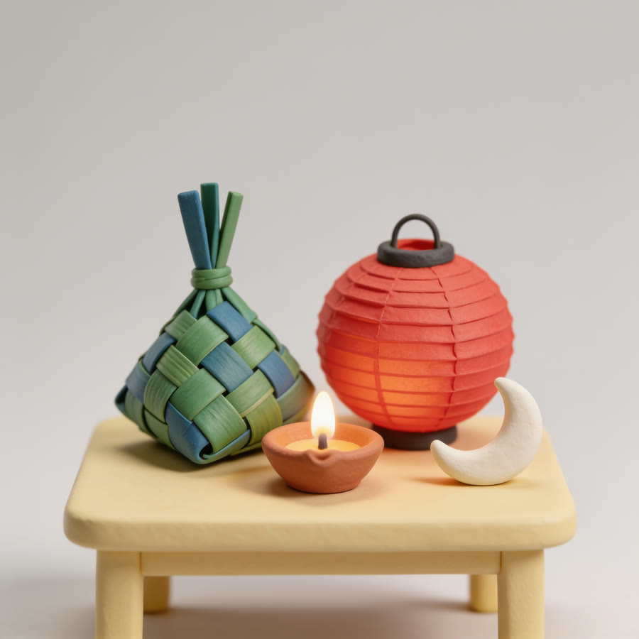 Clay illustration of a ketupat, an oil lamp, a red lantern and a crescent moon on a small table