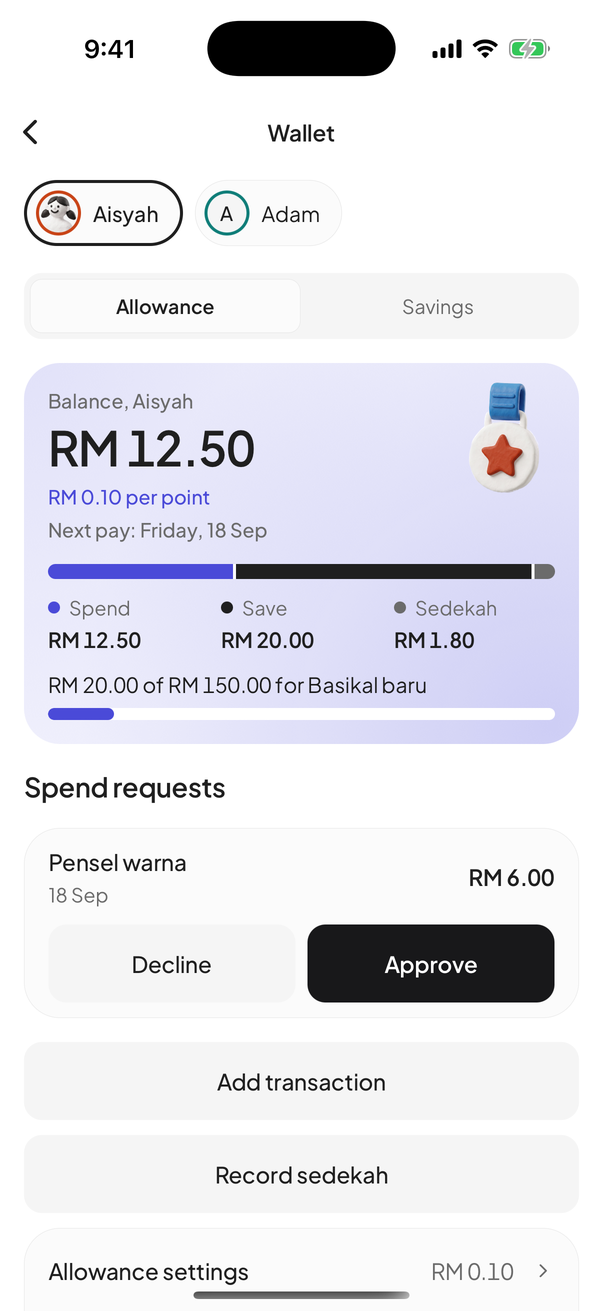 Wallet screen in UrusFamily with a child's balance in RM