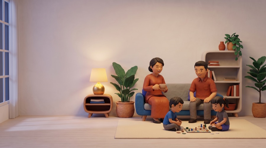 Clay illustration of a Malaysian family relaxing together in the living room in the evening