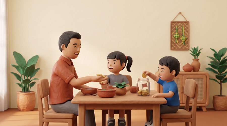 Clay illustration of a Malaysian family talking at the dinner table