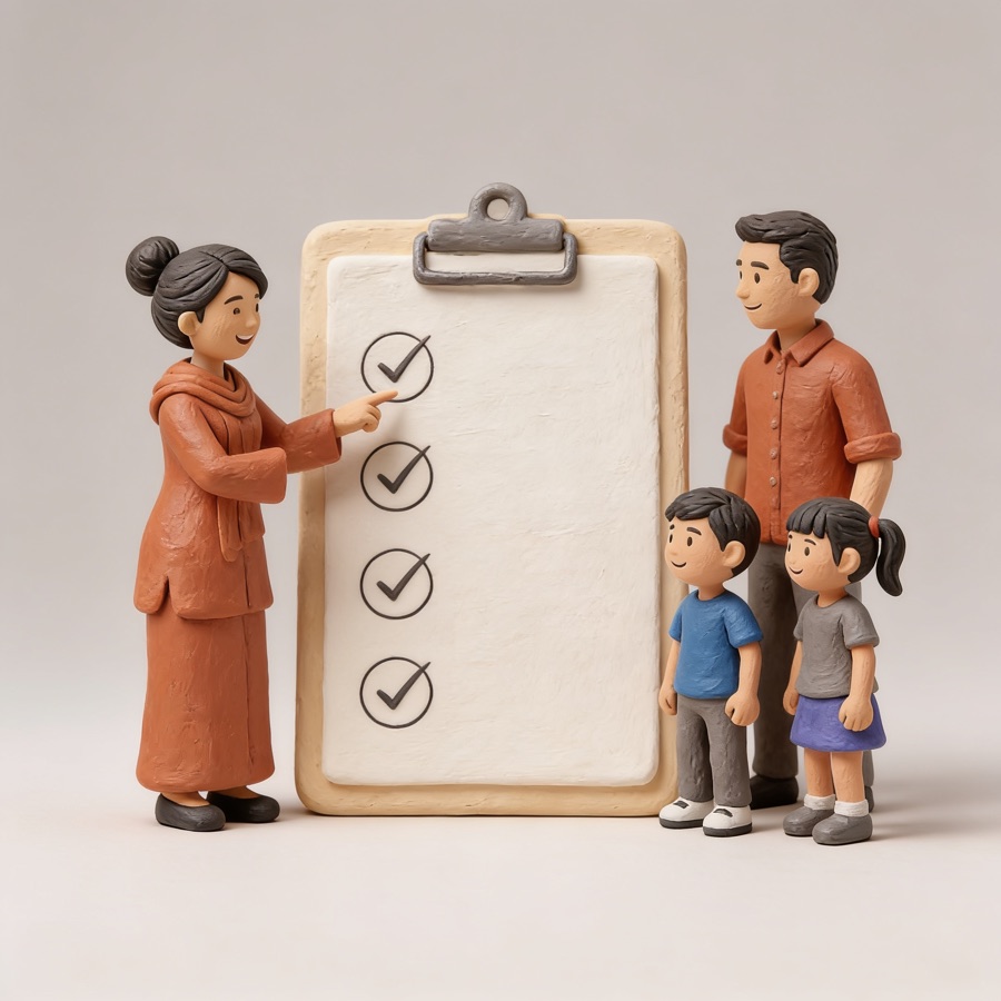 Clay illustration of parents ticking a chore checklist with two children