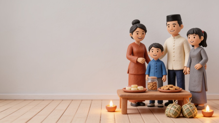 Clay illustration of a Malaysian family welcoming guests at a Raya open house